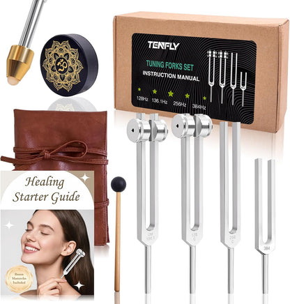 Tuning Forks for Healing Set – Includes 128Hz, 136Hz, 256Hz, 384Hz & Activator, Perfect for Healing, Chakra, Sound Therapy, Keep Body, Mind and Spirit in Perfect Harmony