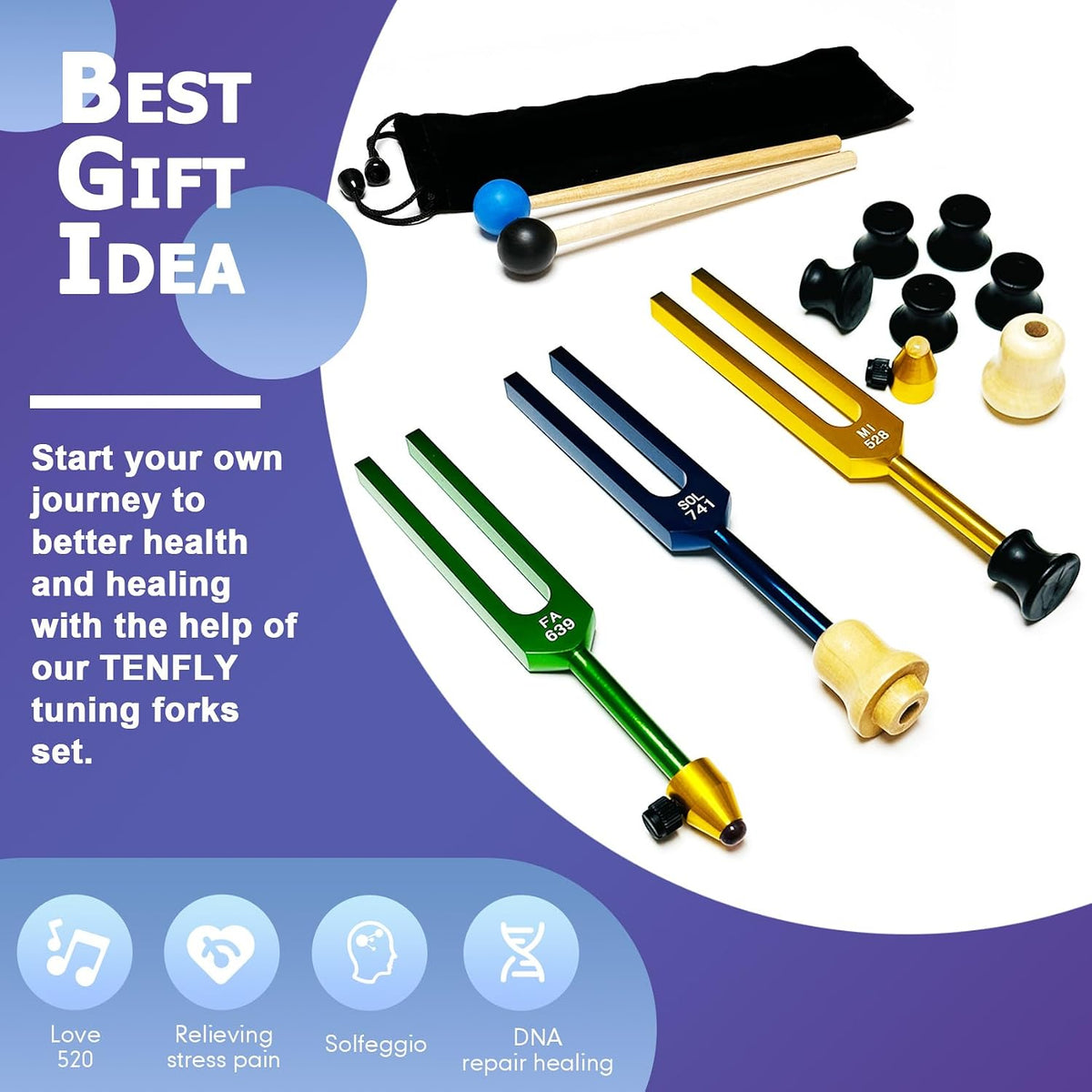 Tuning Forks for Healing Set – Includes 128Hz, 136Hz, 256Hz, 384Hz & Activator, Perfect for Healing, Chakra, Sound Therapy, Keep Body, Mind and Spirit in Perfect Harmony