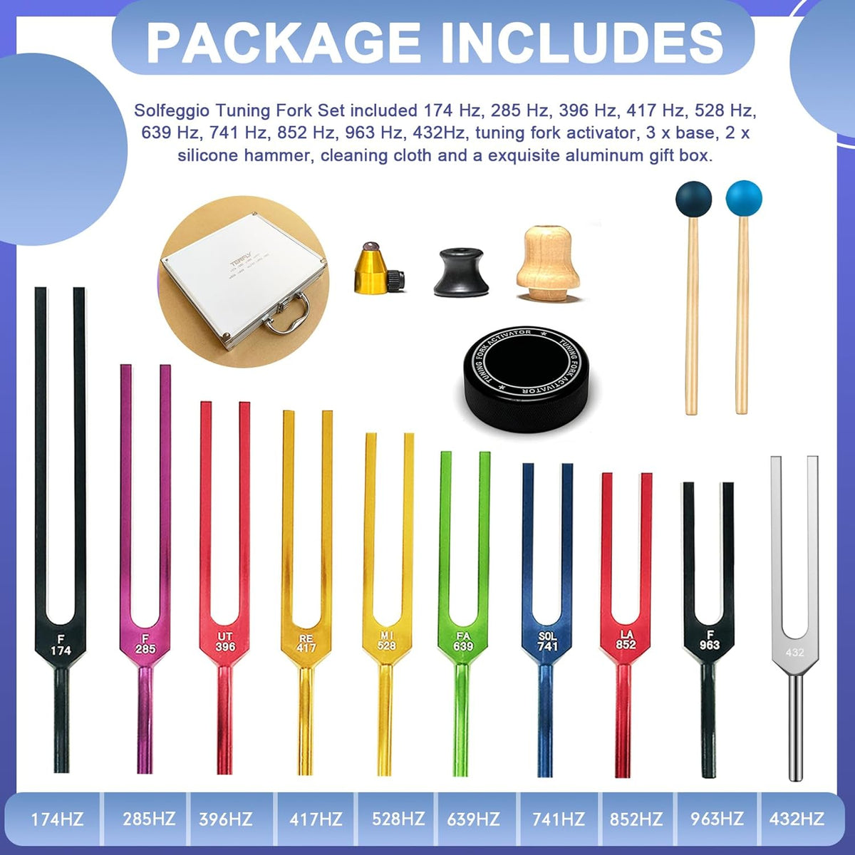 Tuning Forks for Healing Set – Includes 128Hz, 136Hz, 256Hz, 384Hz & Activator, Perfect for Healing, Chakra, Sound Therapy, Keep Body, Mind and Spirit in Perfect Harmony