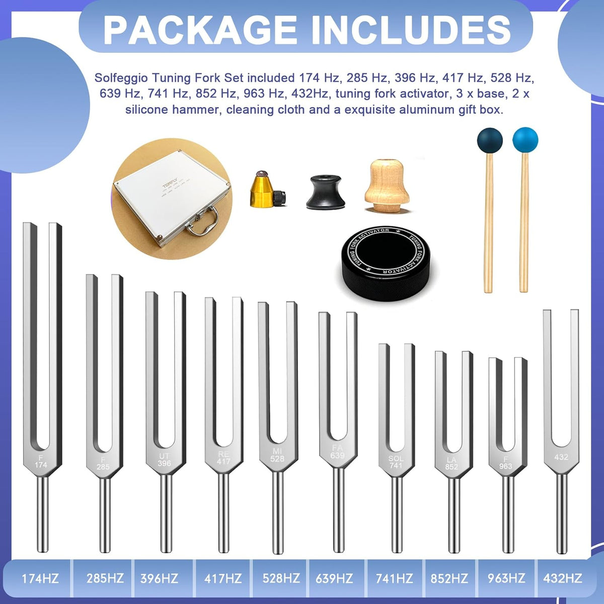 Tuning Forks for Healing Set – Includes 128Hz, 136Hz, 256Hz, 384Hz & Activator, Perfect for Healing, Chakra, Sound Therapy, Keep Body, Mind and Spirit in Perfect Harmony