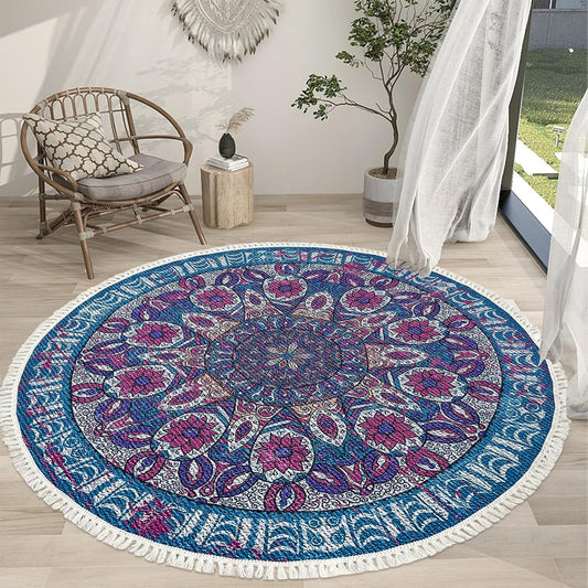 Boho Rug 5Ft Round Bedroom Carpet Circle Nonslip Farmhouse Area Rug Rustic Mandala Floor Mat for Living Room Locker Room Tassel Throw Rugs Washable Doormat, Purple