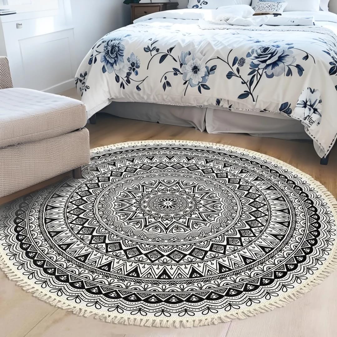 Boho Rug 5Ft Round Bedroom Carpet Circle Nonslip Farmhouse Area Rug Rustic Mandala Floor Mat for Living Room Locker Room Tassel Throw Rugs Washable Doormat, Purple