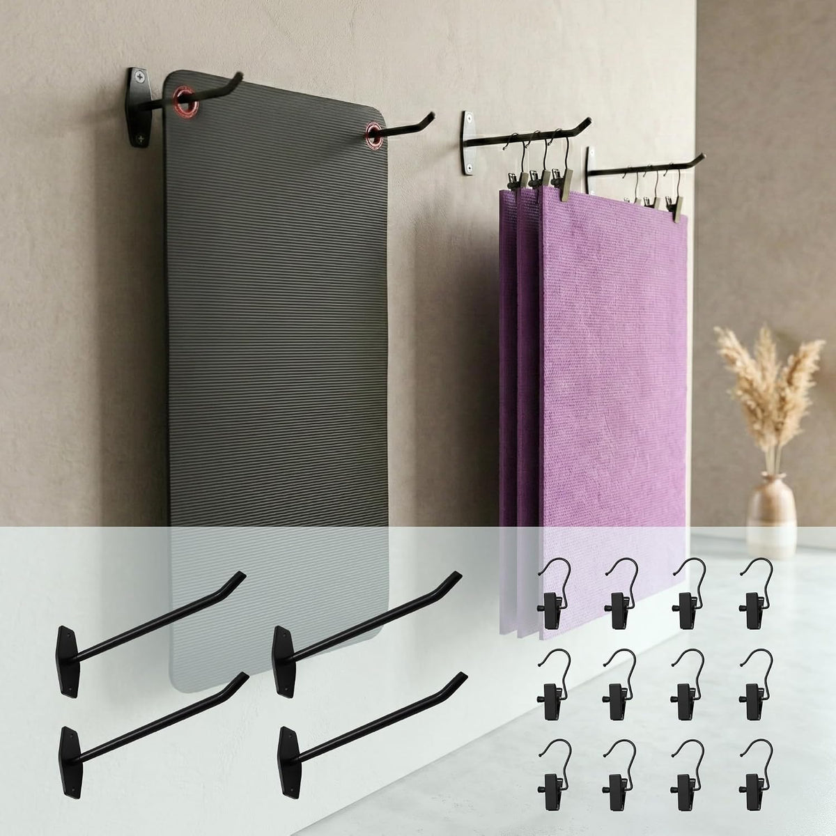 Wall Mount Yoga Mat Holder: Hanging Metal Rack For Eyelet Exercise Mats