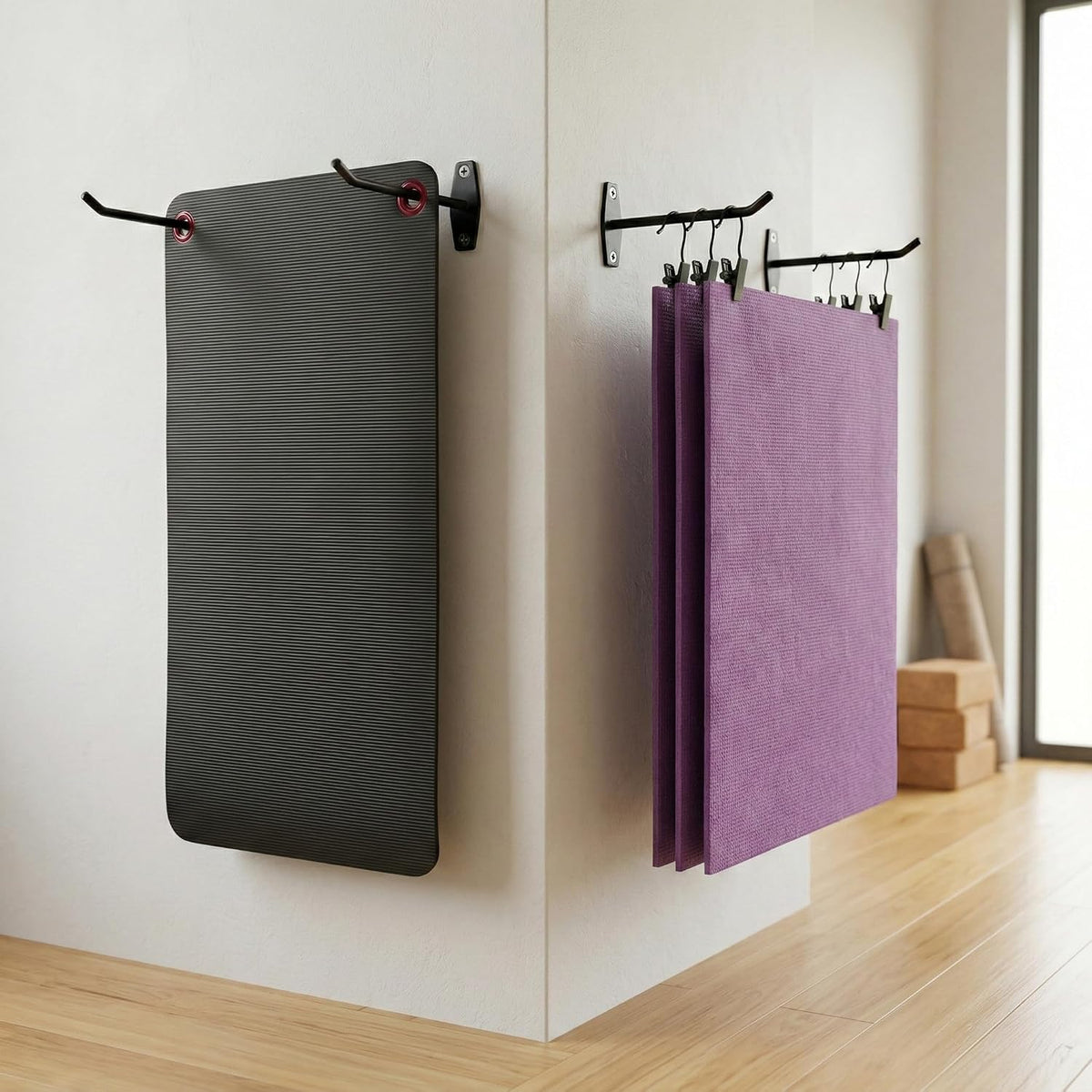 Wall Mount Yoga Mat Holder: Hanging Metal Rack For Eyelet Exercise Mats