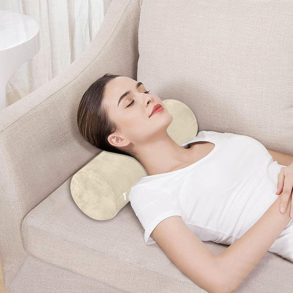 Bolster Pillow Yoga Beige Firm Neck Roll Pillow 5.5" x 17" Small Round Pillows Decorative Throw Pillows Cylinder Body Pillow Cover Back Support Pillow