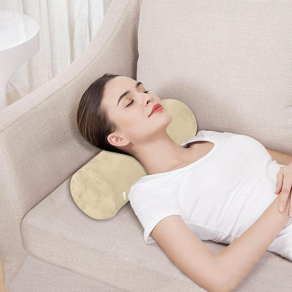 Bolster Pillow Yoga Beige Firm Neck Roll Pillow 5.5" x 17" Small Round Pillows Decorative Throw Pillows Cylinder Body Pillow Cover Back Support Pillow