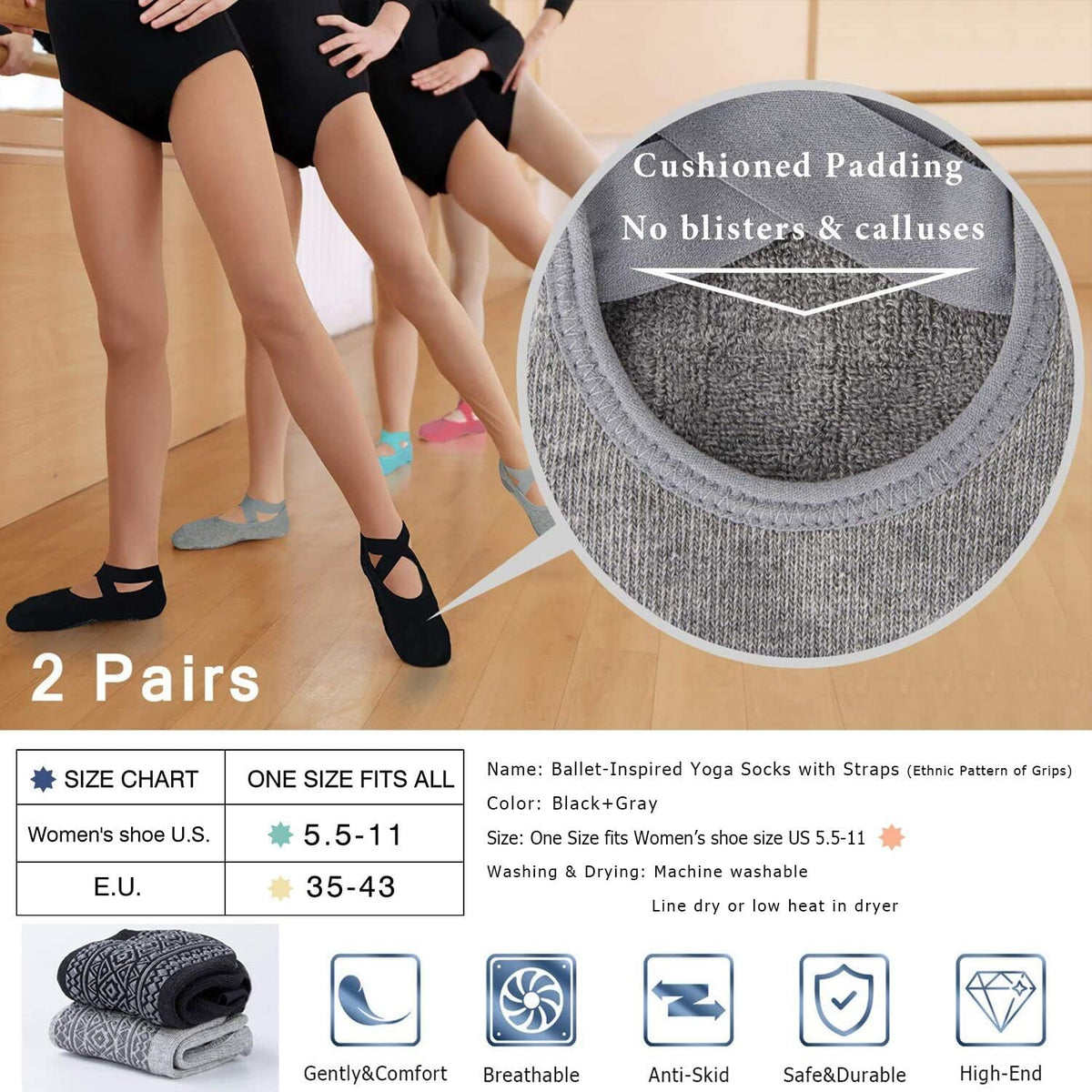 Pilates Socks for Women Non Slip Grip Yoga Barefoot Indoor Workout
