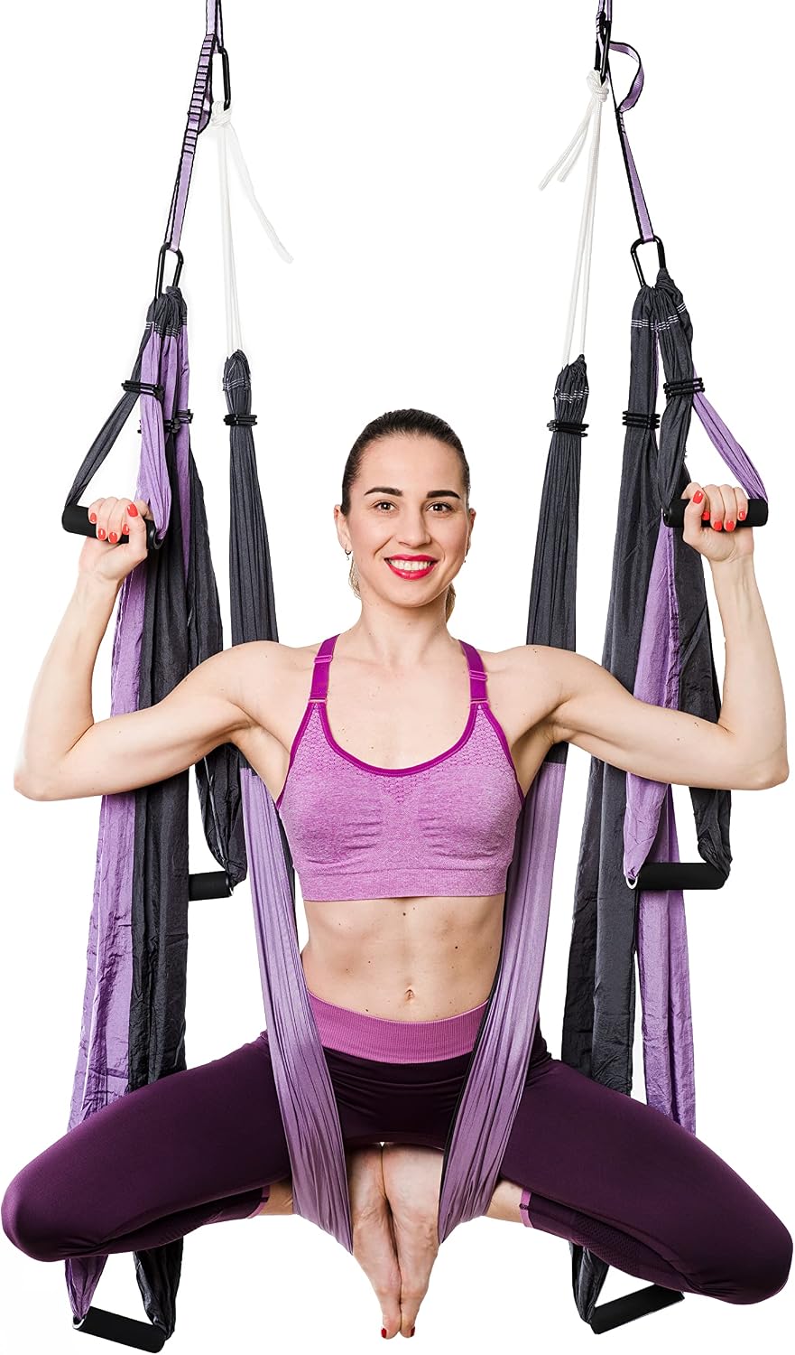Aerial Yoga Swing Set - Yoga Hammock Hanging Swing - Aerial Sling Inversion Fly Kit - Acro Yoga Inversion Tool - Antigravity Toga Sling - Suspension Trapeze (Grey-Lilac)