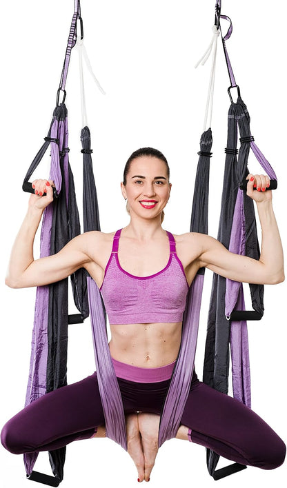Aerial Yoga Swing Set - Yoga Hammock Hanging Swing - Aerial Sling Inversion Fly Kit - Acro Yoga Inversion Tool - Antigravity Toga Sling - Suspension Trapeze (Grey-Lilac)