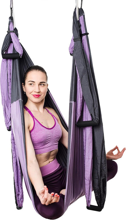 Aerial Yoga Swing Set - Yoga Hammock Hanging Swing - Aerial Sling Inversion Fly Kit - Acro Yoga Inversion Tool - Antigravity Toga Sling - Suspension Trapeze (Grey-Lilac)