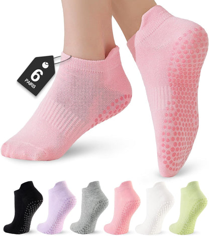 6 Pairs Pilates Socks for Women, Grip Yoga Crew Socks, Non Slip Grippy for Barre, Ballet, Dance & Hospital