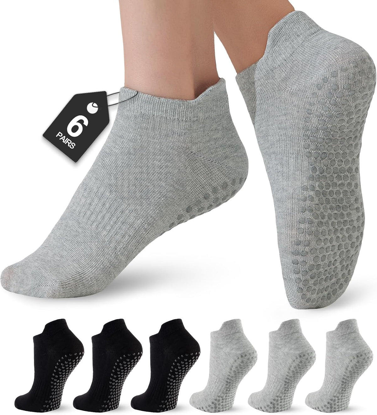 6 Pairs Pilates Socks for Women, Grip Yoga Crew Socks, Non Slip Grippy for Barre, Ballet, Dance & Hospital