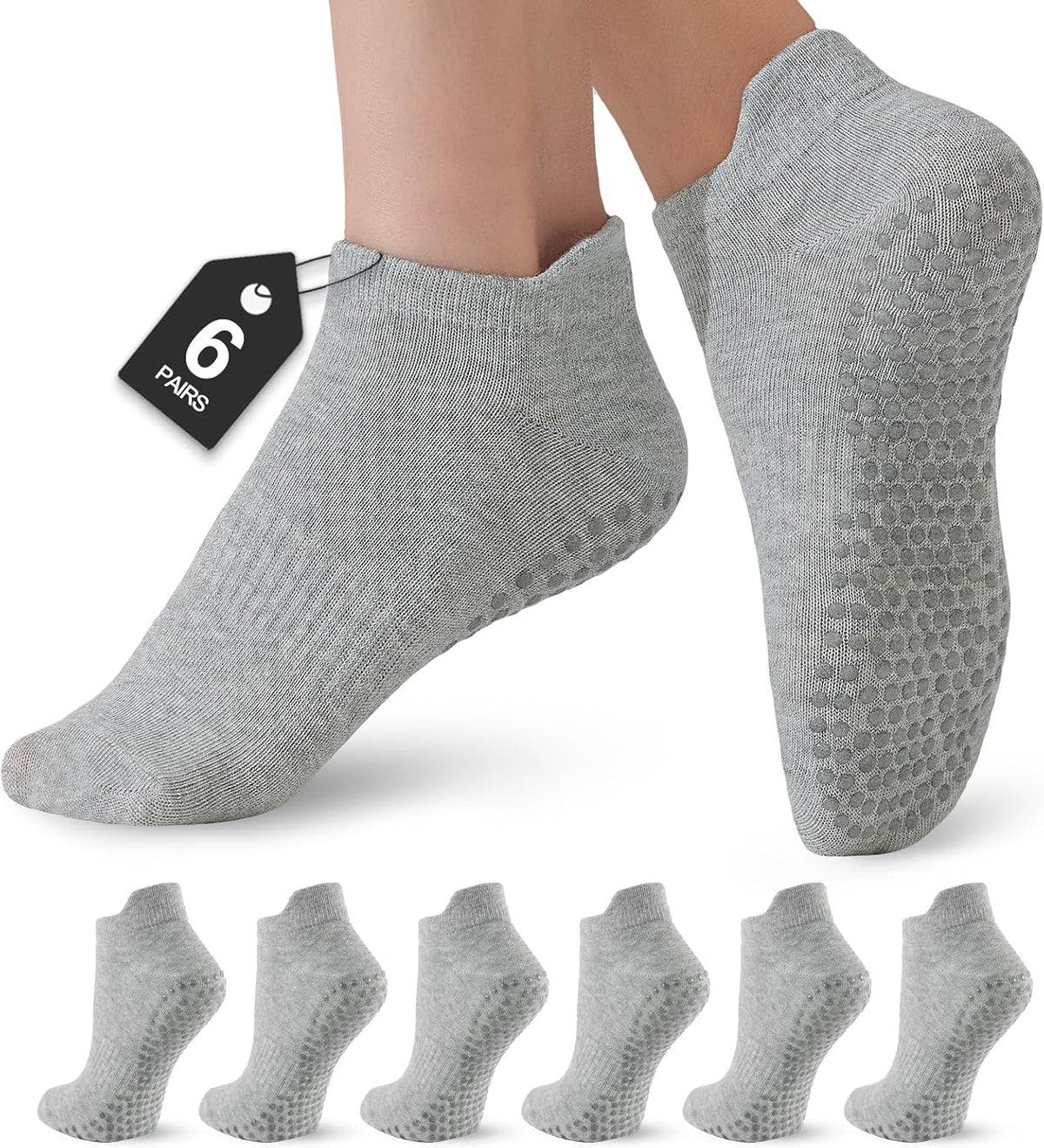 6 Pairs Pilates Socks for Women, Grip Yoga Crew Socks, Non Slip Grippy for Barre, Ballet, Dance & Hospital