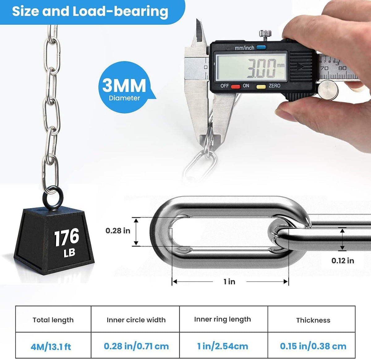 60cm Hanging Chair Chain with 2 Carabiners, 3/16" Capacity Hanging Kits, 330lbs Heavy Duty Hanging Chair Hardware for Lights Plants Hammock Swing Hanging Chair Punching Bags Sandbag Yoga Gym 60cm