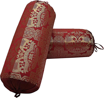 Ethnic Jacquard Brocade Silk Rectangular Bolster Yoga Pillow Cylindrical Hotdog Burgundy Maroon Tubular Living Room Decorative Elephant Indian Throw Pillowcase 76x38 cm - Set of 2 Pcs