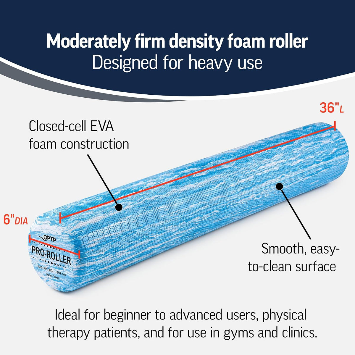 PRO-ROLLER Standard Density Foam Roller – Round, Blue, 36" x 6"