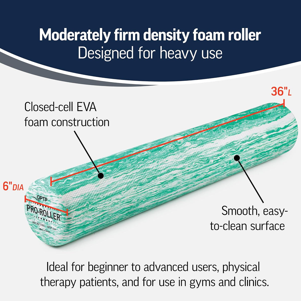 PRO-ROLLER Standard Density Foam Roller – Round, Blue, 36" x 6"