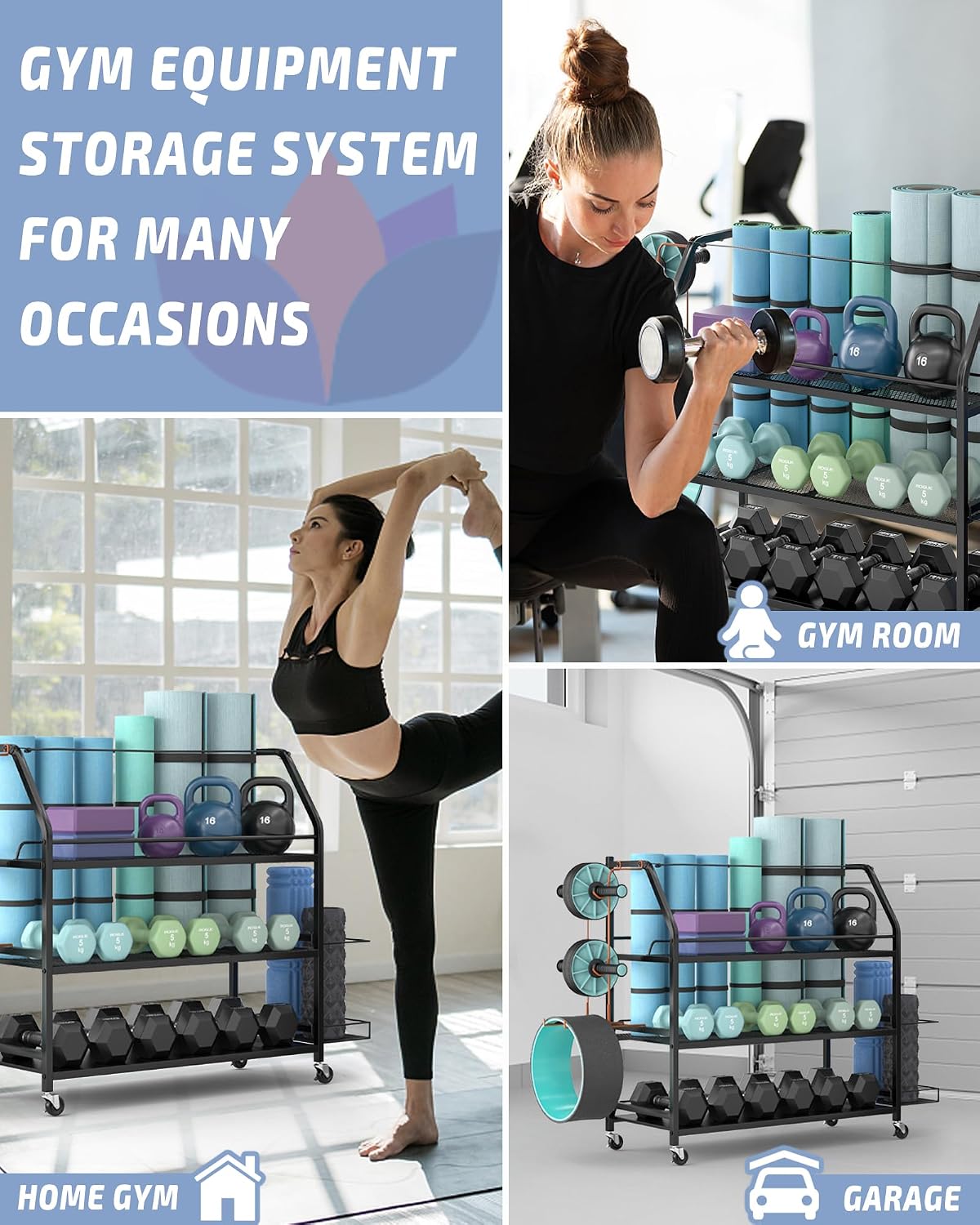 Weight Rack for Dumbbells - Home Gym Storage Rack - Dumbbell and Weight Organizer with 4 Flexible Wheels and Unique Storage on Both Sides