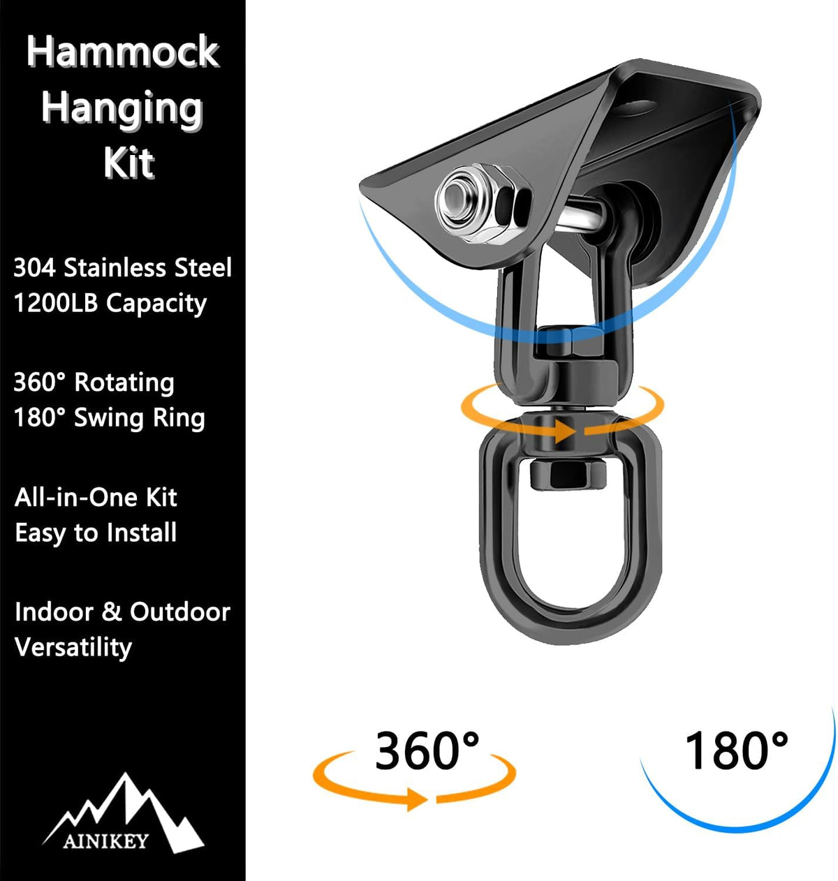 Heavy Duty Hammock Hanging Kit, 360° Rotating 1200 lb Swing Hangers for Hammock Chair Stand, Seat, Porch Swing, Yoga, Tree, Ceiling Mount, Indoor Outdoor Hanging Hardware Black | Pack of 2
