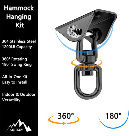 Heavy Duty Hammock Hanging Kit, 360° Rotating 1200 lb Swing Hangers for Hammock Chair Stand, Seat, Porch Swing, Yoga, Tree, Ceiling Mount, Indoor Outdoor Hanging Hardware Black | Pack of 2