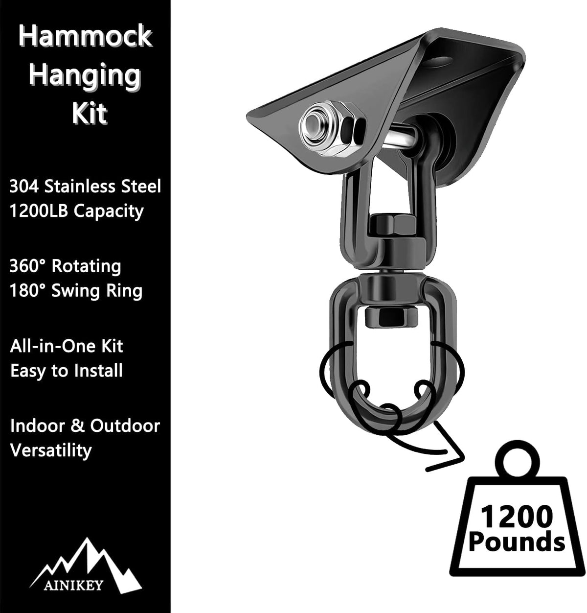 Heavy Duty Hammock Hanging Kit, 360° Rotating 1200 lb Swing Hangers for Hammock Chair Stand, Seat, Porch Swing, Yoga, Tree, Ceiling Mount, Indoor Outdoor Hanging Hardware Black | Pack of 2