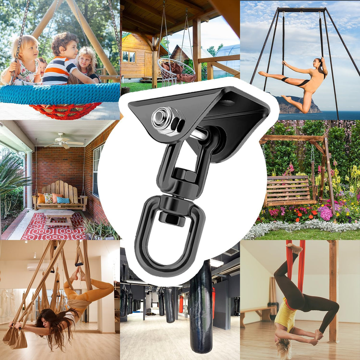 Heavy Duty Hammock Hanging Kit, 360° Rotating 1200 lb Swing Hangers for Hammock Chair Stand, Seat, Porch Swing, Yoga, Tree, Ceiling Mount, Indoor Outdoor Hanging Hardware Black | Pack of 2