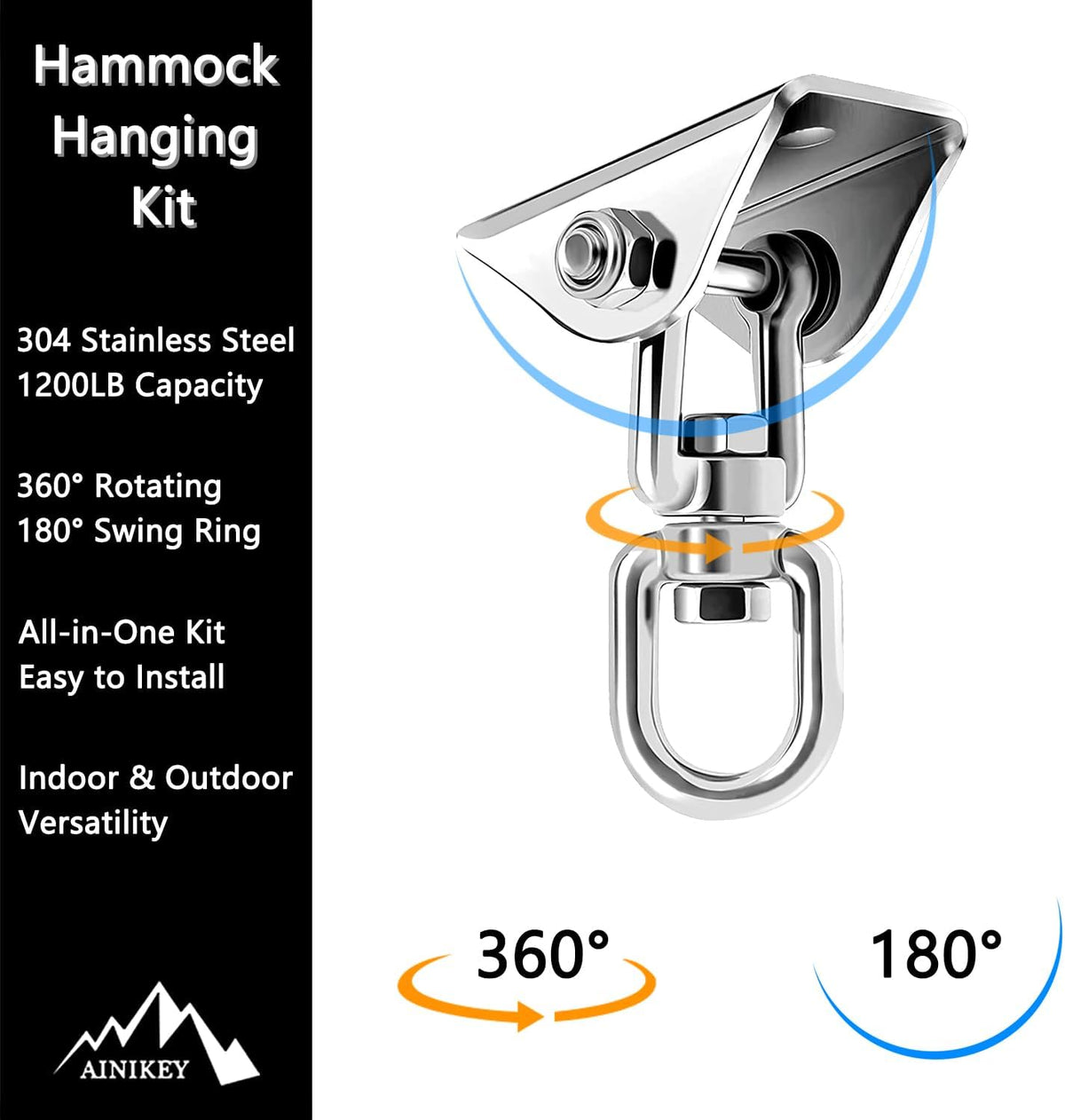 Heavy Duty Hammock Hanging Kit, 360° Rotating 1200 lb Swing Hangers for Hammock Chair Stand, Seat, Porch Swing, Yoga, Tree, Ceiling Mount, Indoor Outdoor Hanging Hardware Black | Pack of 2