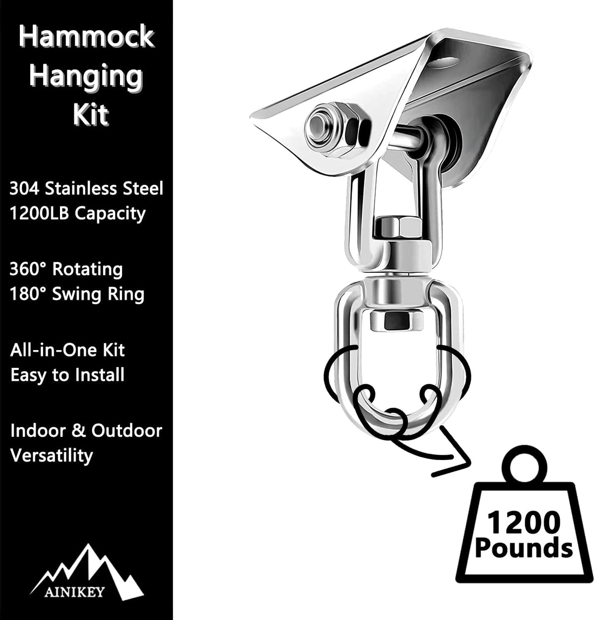 Heavy Duty Hammock Hanging Kit, 360° Rotating 1200 lb Swing Hangers for Hammock Chair Stand, Seat, Porch Swing, Yoga, Tree, Ceiling Mount, Indoor Outdoor Hanging Hardware Black | Pack of 2