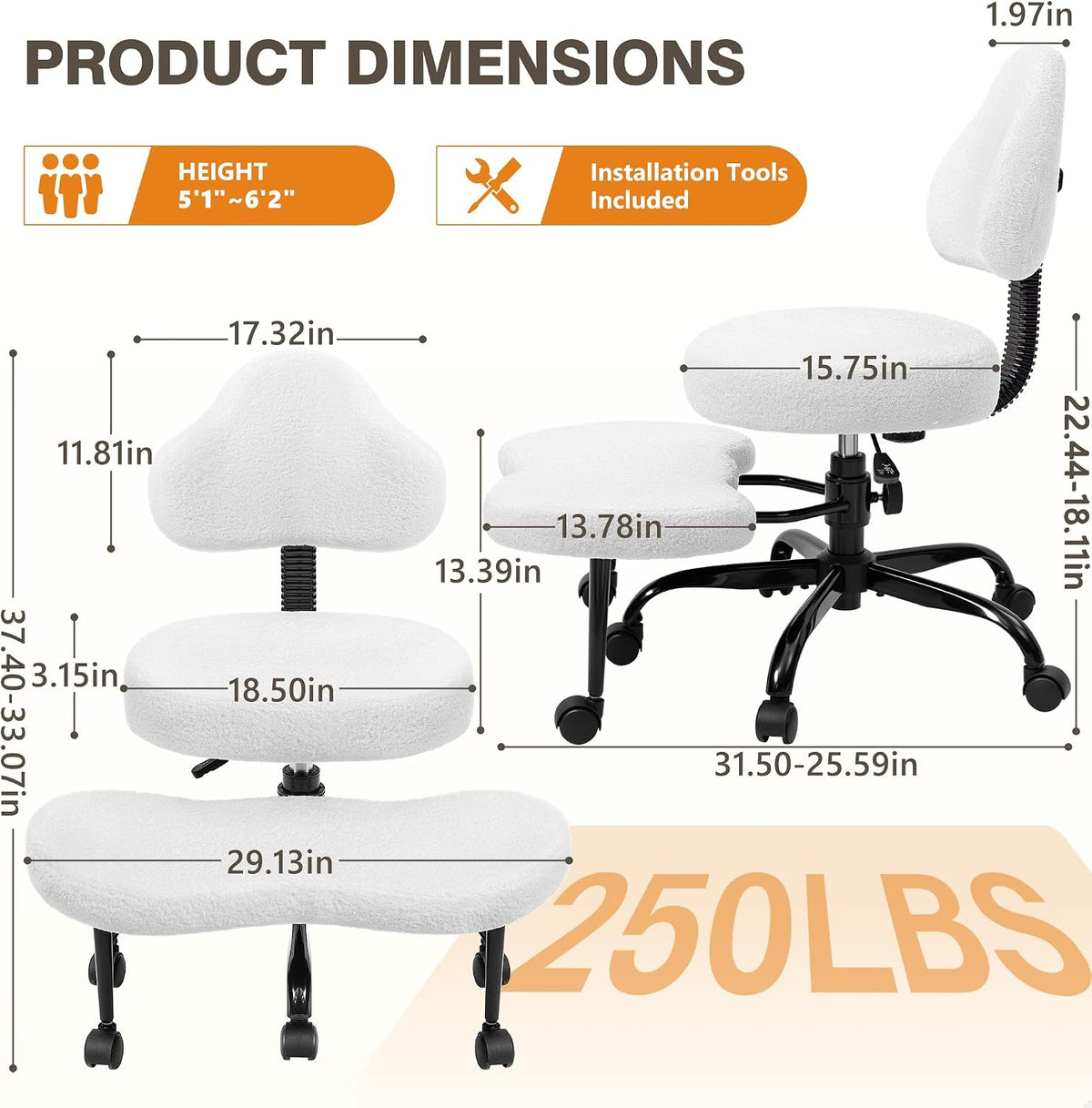 Cross Legged Office Chair, Criss Cross Desk Chair ADHD Meditation Kneeling Yoga Seat with Adjustable Height, Lumbar Support, Wider Footrest and Wheels (Pearl White)