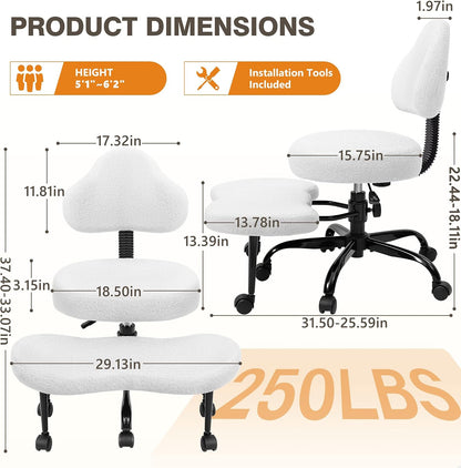 Cross Legged Office Chair, Criss Cross Desk Chair ADHD Meditation Kneeling Yoga Seat with Adjustable Height, Lumbar Support, Wider Footrest and Wheels (Pearl White)