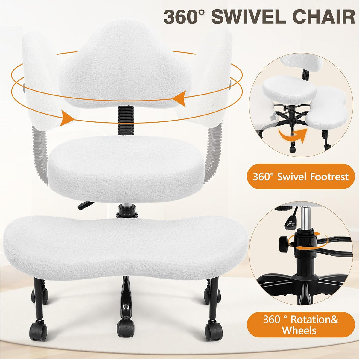 Cross Legged Office Chair, Criss Cross Desk Chair ADHD Meditation Kneeling Yoga Seat with Adjustable Height, Lumbar Support, Wider Footrest and Wheels (Pearl White)