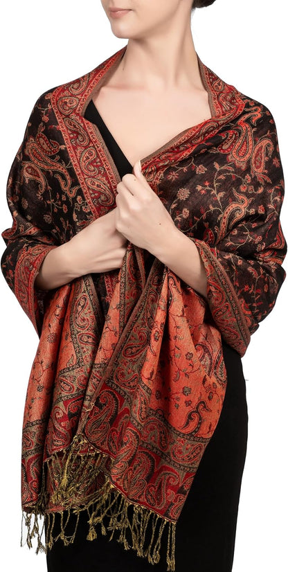 Reversible Paisley Pashmina Rave Scarf – Exotic Indian Shawls and Wraps for Evening Dresses, Festivals, All Seasons - Colors A