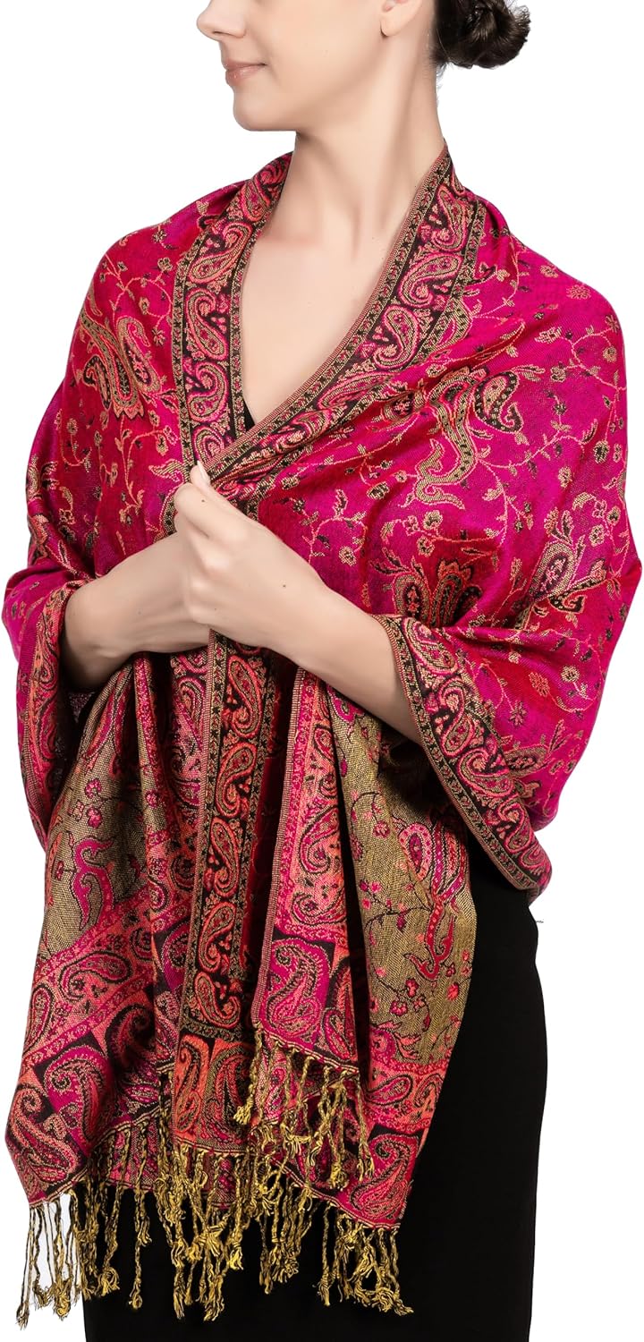 Reversible Paisley Pashmina Rave Scarf – Exotic Indian Shawls and Wraps for Evening Dresses, Festivals, All Seasons - Colors A