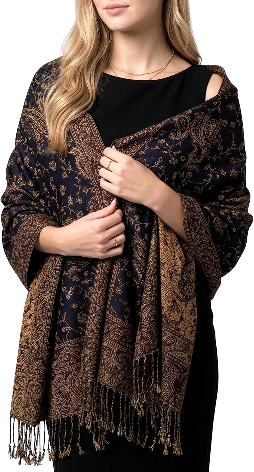 Reversible Paisley Pashmina Rave Scarf – Exotic Indian Shawls and Wraps for Evening Dresses, Festivals, All Seasons - Colors A