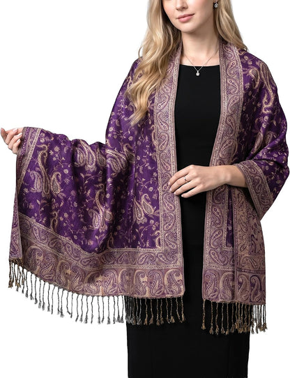 Reversible Paisley Pashmina Rave Scarf – Exotic Indian Shawls and Wraps for Evening Dresses, Festivals, All Seasons - Colors A