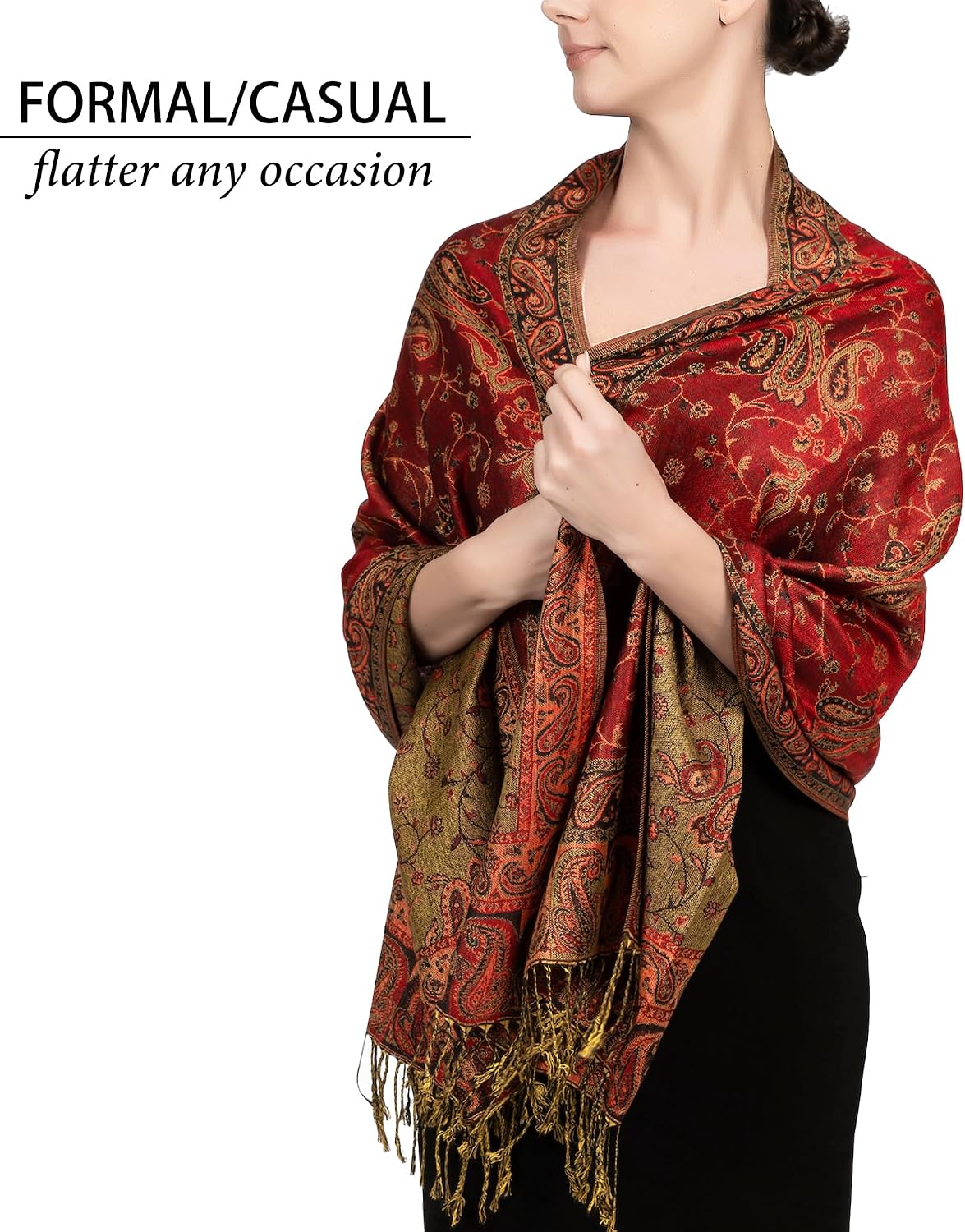 Reversible Paisley Pashmina Rave Scarf – Exotic Indian Shawls and Wraps for Evening Dresses, Festivals, All Seasons - Colors A