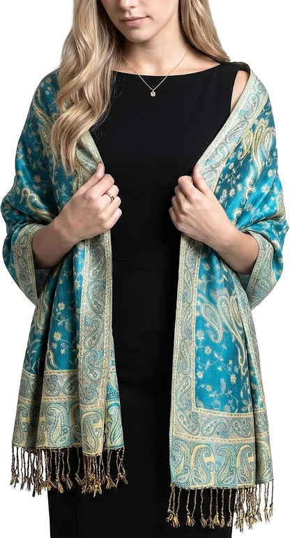 Reversible Paisley Pashmina Rave Scarf – Exotic Indian Shawls and Wraps for Evening Dresses, Festivals, All Seasons - Colors A