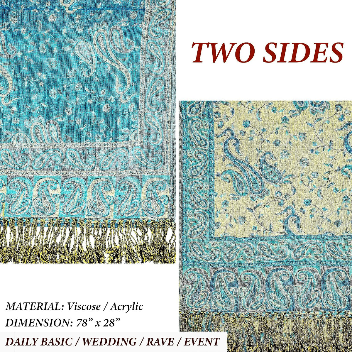 Reversible Paisley Pashmina Rave Scarf – Exotic Indian Shawls and Wraps for Evening Dresses, Festivals, All Seasons - Colors A