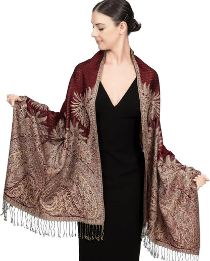 Reversible Paisley Pashmina Rave Scarf – Exotic Indian Shawls and Wraps for Evening Dresses, Festivals, All Seasons - Colors B