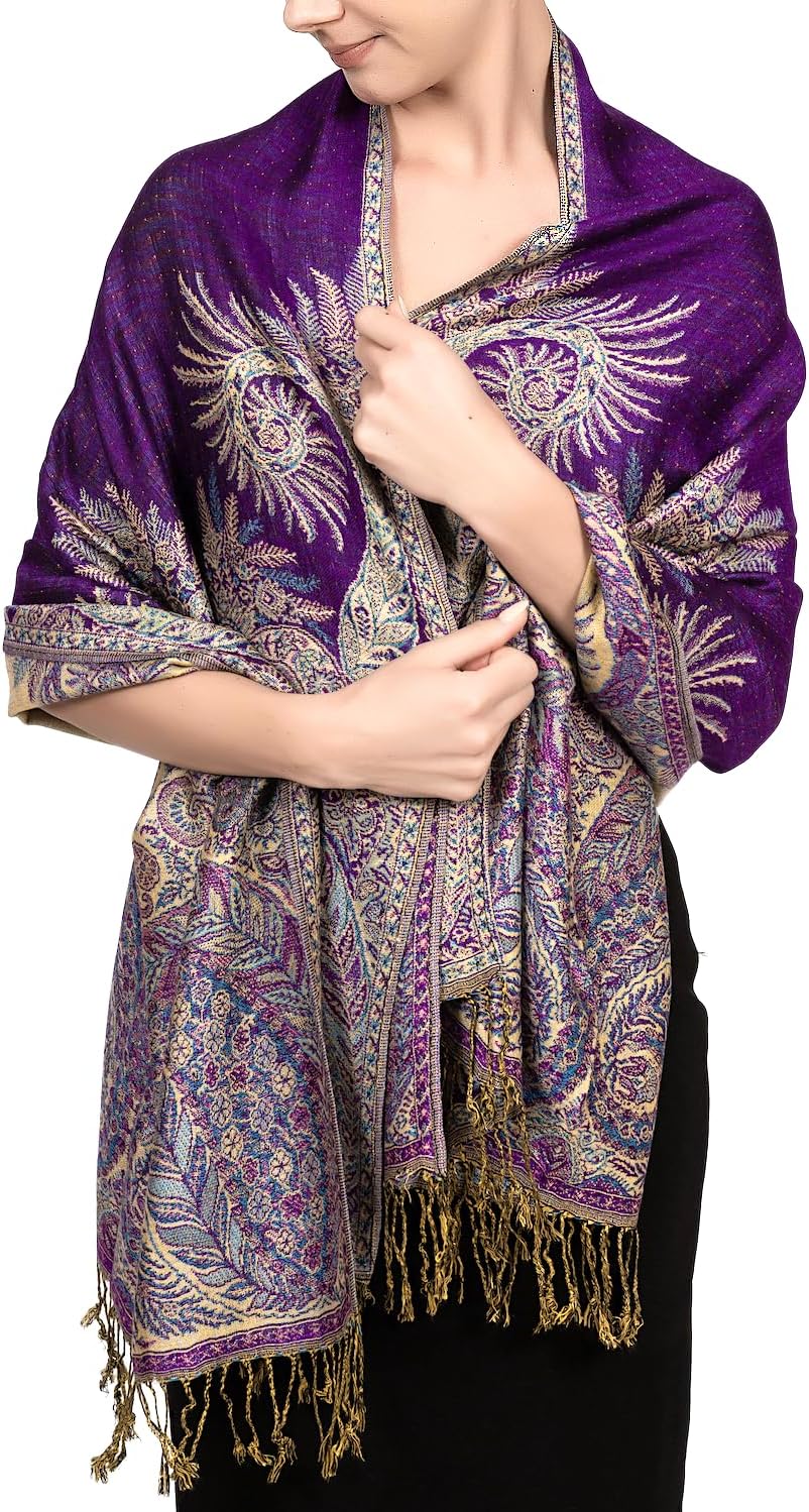 Reversible Paisley Pashmina Rave Scarf – Exotic Indian Shawls and Wraps for Evening Dresses, Festivals, All Seasons - Colors B