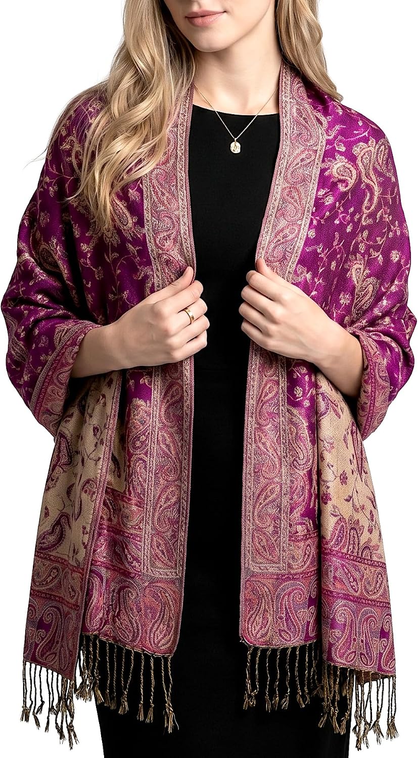 Reversible Paisley Pashmina Rave Scarf – Exotic Indian Shawls and Wraps for Evening Dresses, Festivals, All Seasons - Colors B