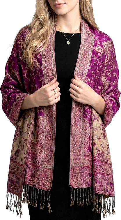Reversible Paisley Pashmina Rave Scarf – Exotic Indian Shawls and Wraps for Evening Dresses, Festivals, All Seasons - Colors B
