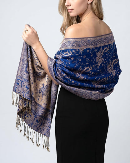 Reversible Paisley Pashmina Rave Scarf – Exotic Indian Shawls and Wraps for Evening Dresses, Festivals, All Seasons - Colors B