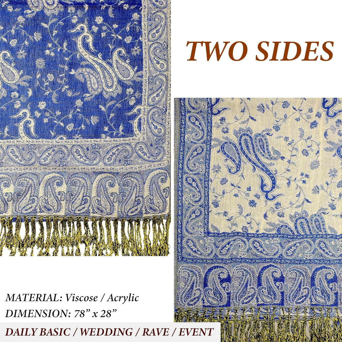 Reversible Paisley Pashmina Rave Scarf – Exotic Indian Shawls and Wraps for Evening Dresses, Festivals, All Seasons - Colors B