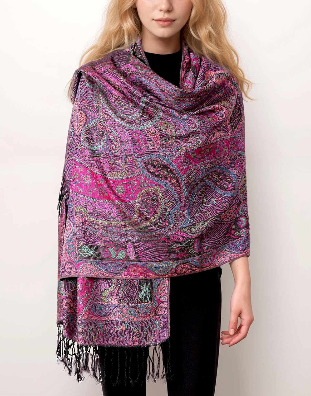 Reversible Paisley Pashmina Rave Scarf – Exotic Indian Shawls and Wraps for Evening Dresses, Festivals, All Seasons - Colors B