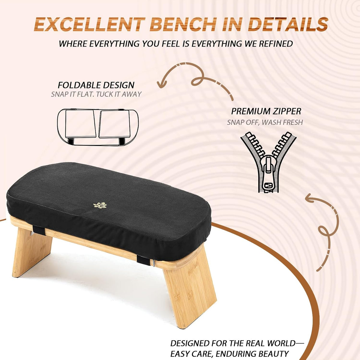 Bamboo Meditation Bench, Foldable Prayer Stool (Black)