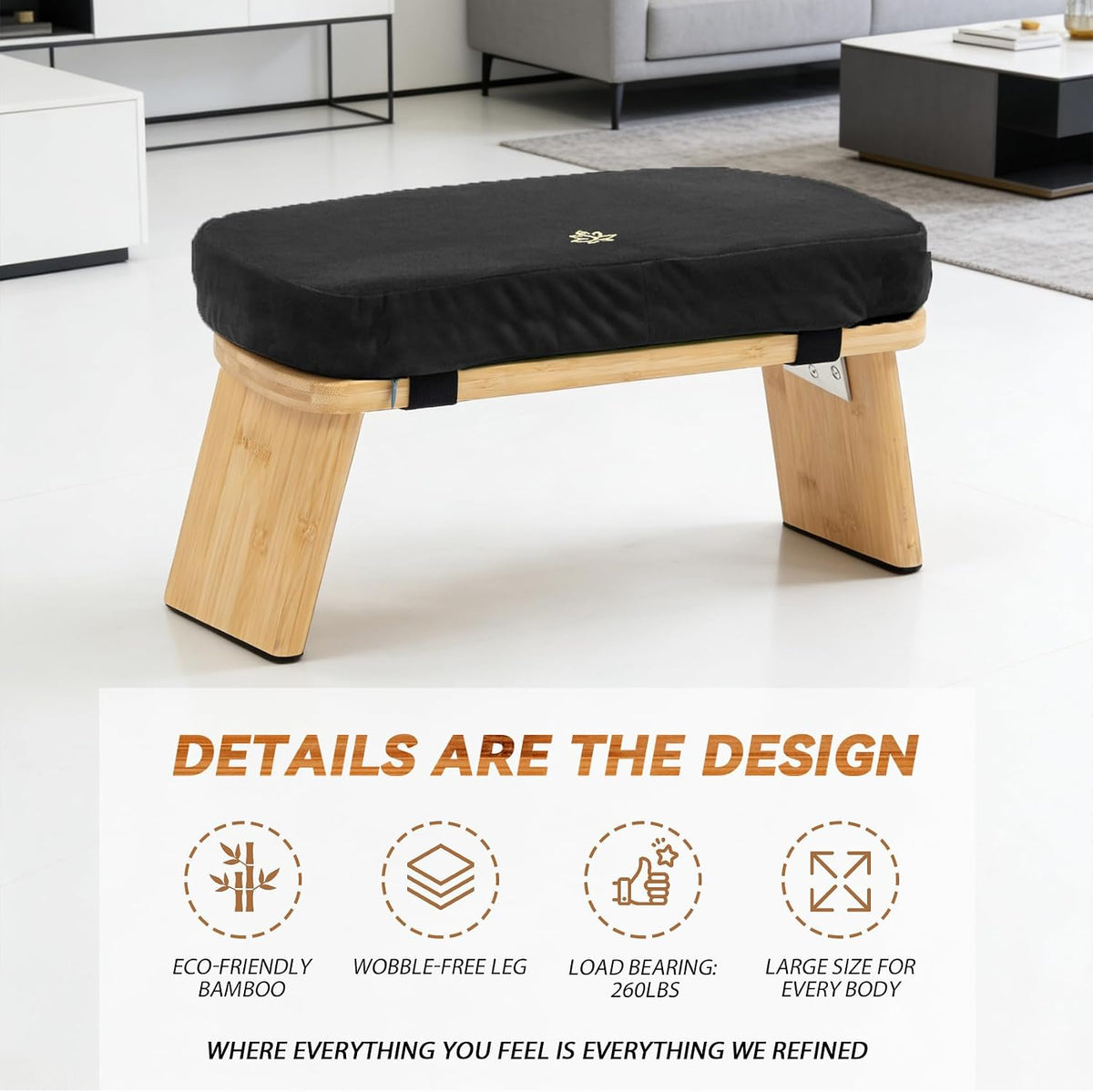 Bamboo Meditation Bench, Foldable Prayer Stool (Black)