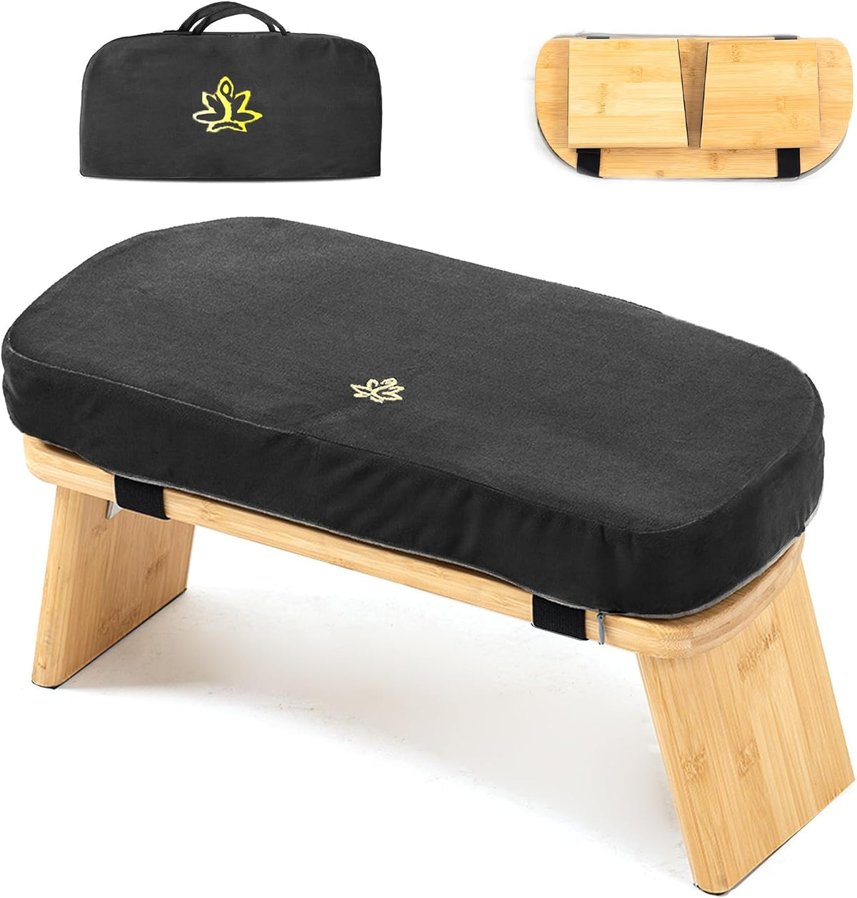 Bamboo Meditation Bench, Foldable Prayer Stool (Black)