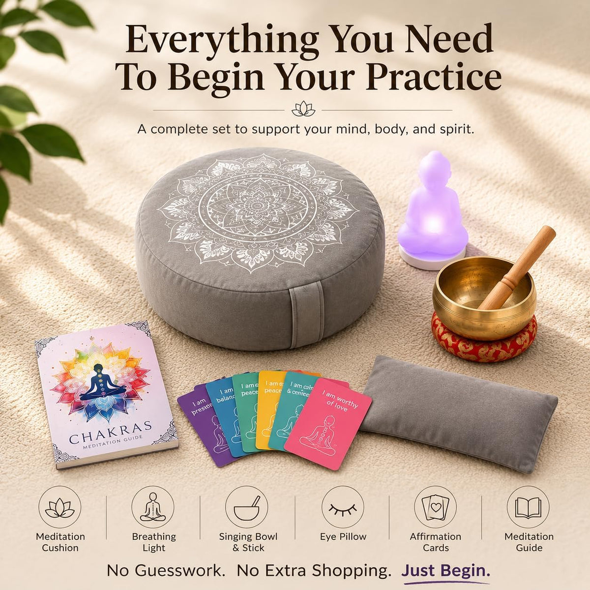 Meditation Cushion Set with Buckwheat Zafu Pillow, Meditation Starter Kit