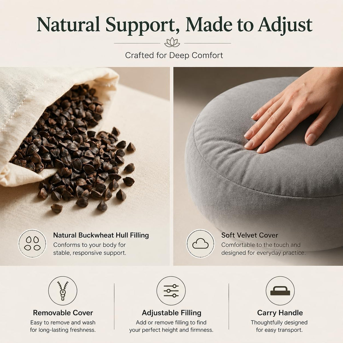 Meditation Cushion Set with Buckwheat Zafu Pillow, Meditation Starter Kit